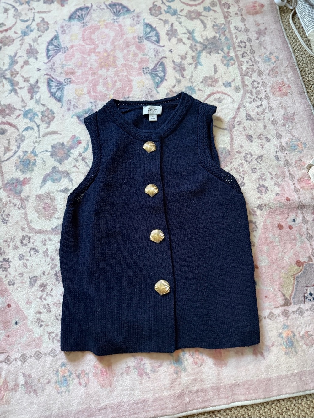 belk Navy Sleeveless Knit Vest with Shell Buttons